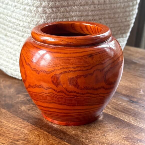 Vintage Hand Turned Wood Vase Lacquered Handmade Rustic Planter Glossy 5” - Picture 9 of 9
